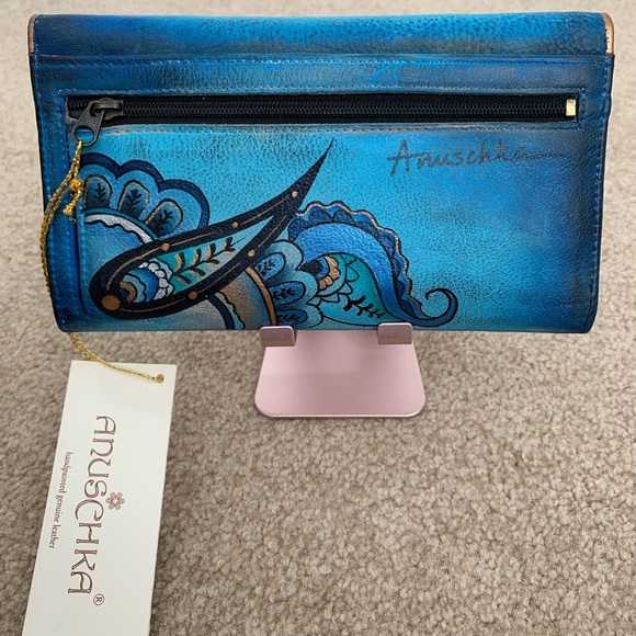 Anuschka Blue Paisley Hand-painted Leather Wallet - Picture 2 of 5